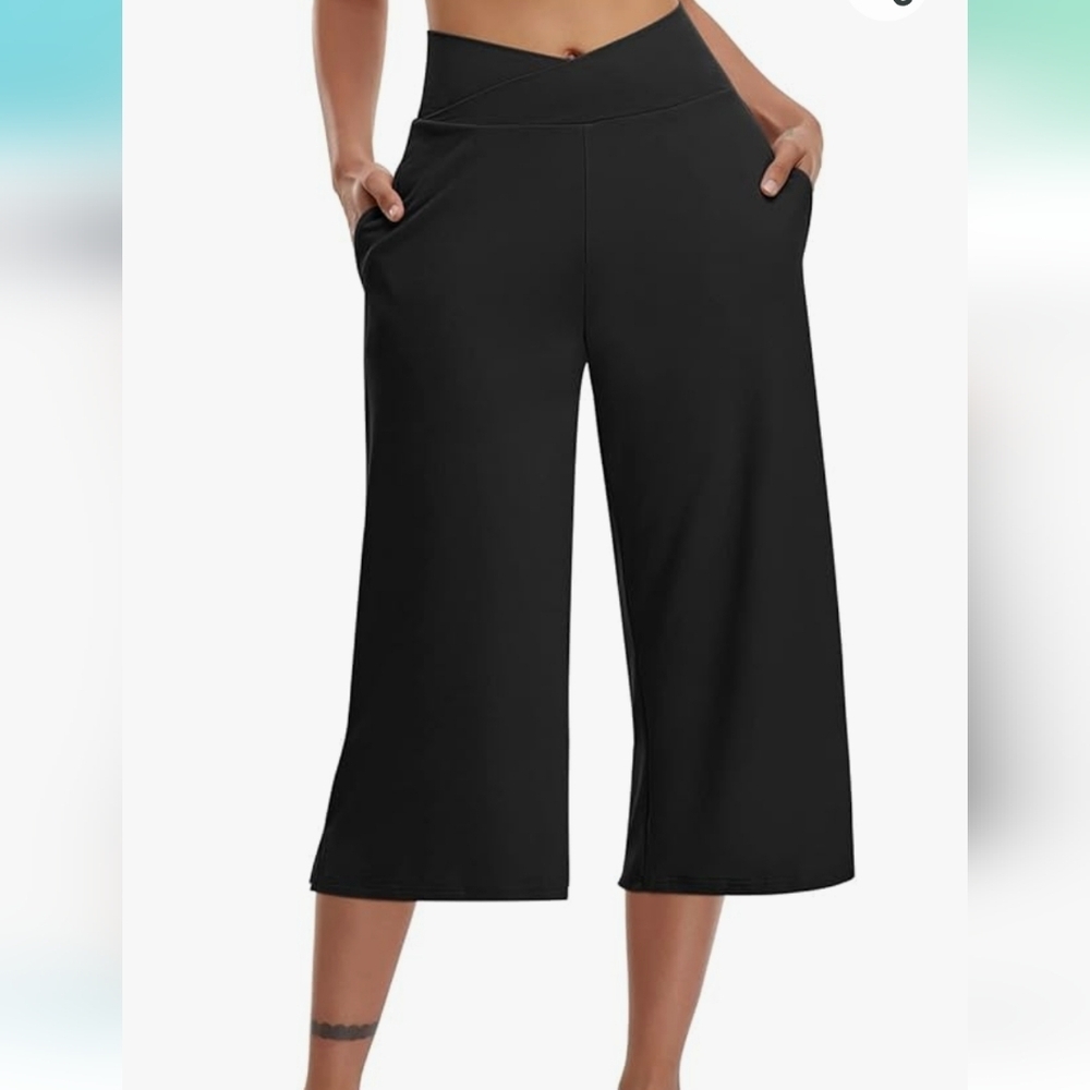 Casual Wide Leg Yoga Capris Crossover High Waist‎ Pants Loose Soft  Sz 2xl black